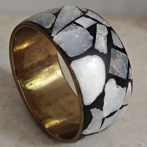 Vintage Brass And Mosaic Marble Inlay Bracelet 90s